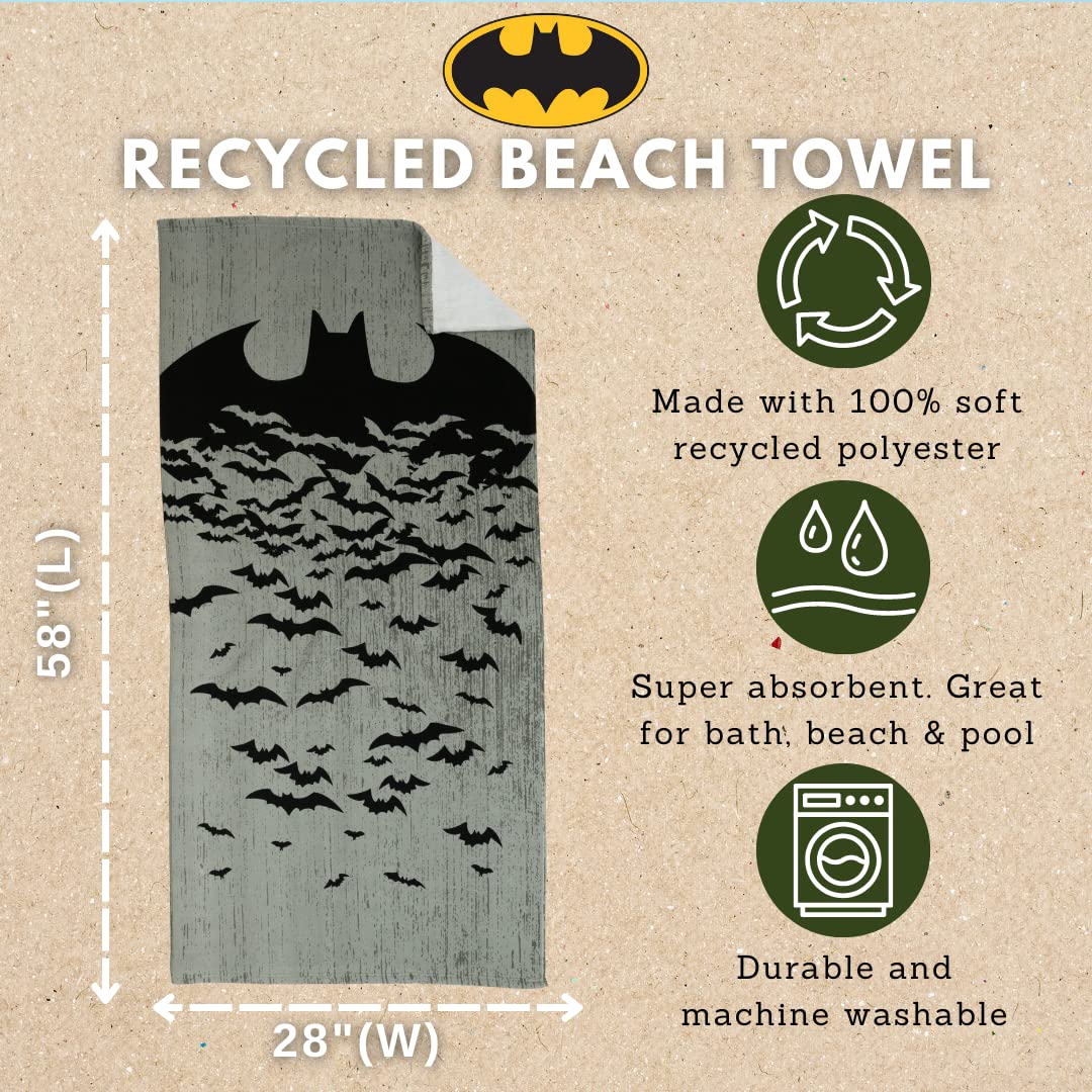 Franco Batman Kids Super Soft Lightweight 100% Recycled Bath/Pool/Beach Towel Made From Recycled Plastic Bottles, 58 In X 28 In,